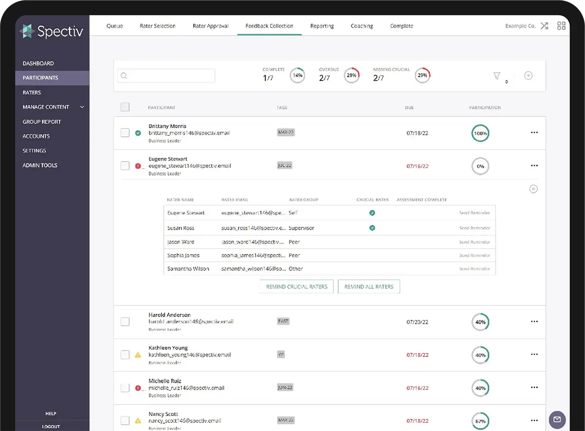 view of feedback collection page in spectiv for coordinating and managing communications