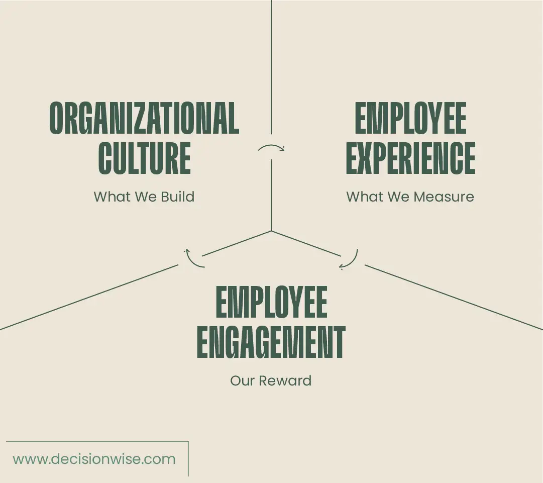 Image of a cycle that defines the interrelation between organizational culture, employee engagement, and employee experience