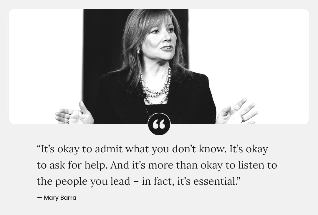 Photo of Mary Barra and quote on leadership and feedback